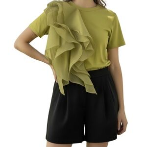A357  Nancy Modern Chic Contemporary Style Green Ruffle Accent T-Shirt NWT L